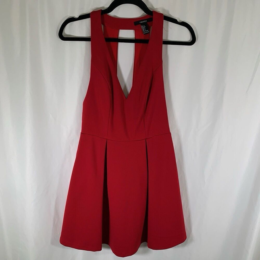 Forever 21 Knee Length Dress Women's Small Red Vneck Sleeveless Zip Back